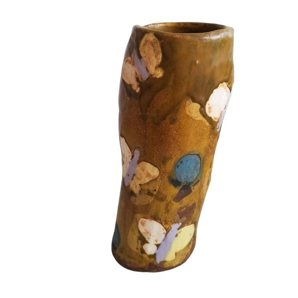 Art Pottery Vase Butterfly Hand Painted Lumpy Bumpy Leans Butterflies Whimsical - Picture 3 of 9